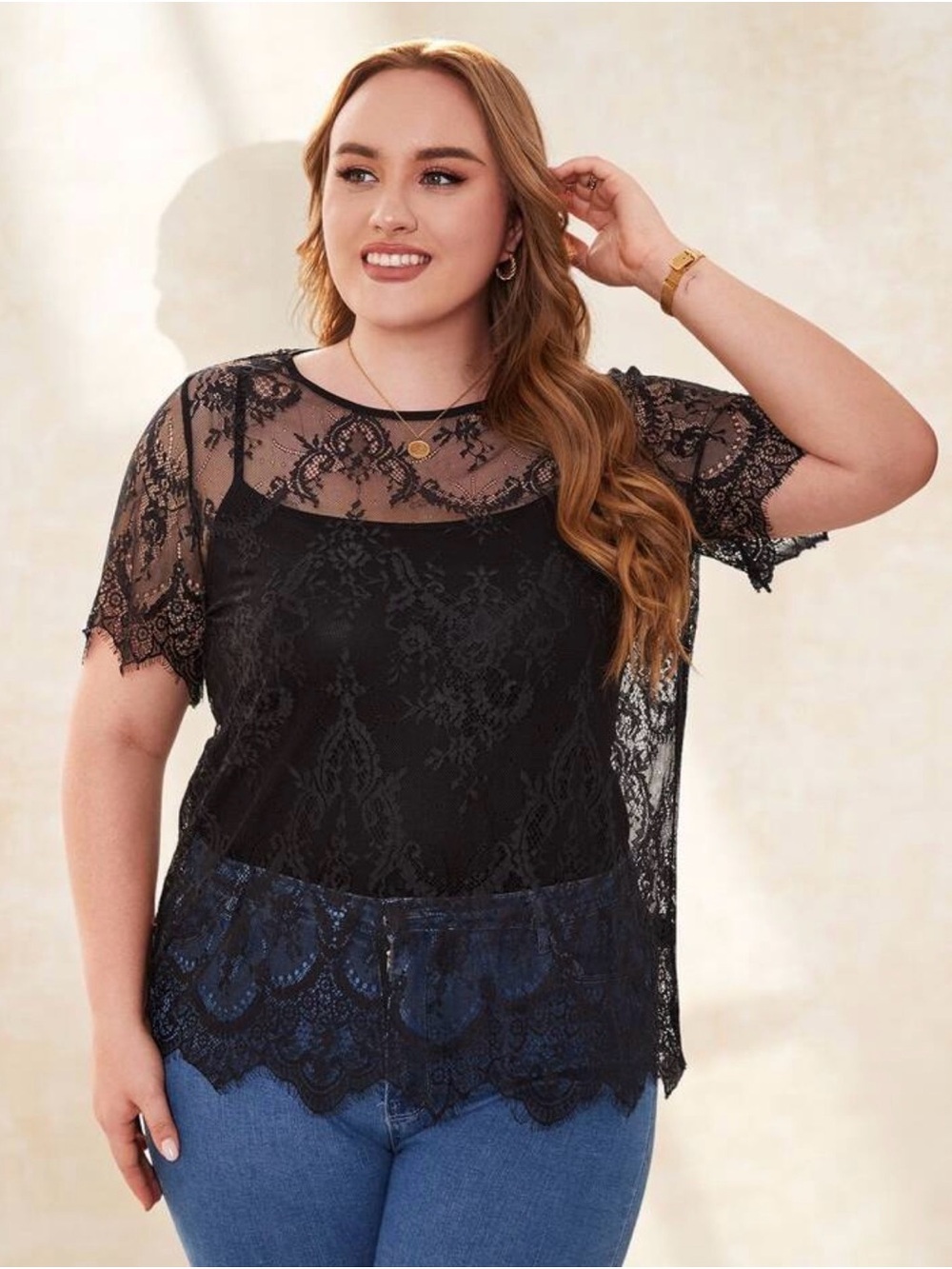 Black Lace Short Sleeve Overlay Top
